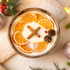 Holiday Coconut Shell Christmas Candle – Dried Orange, Pine Cones, Handmade Wax - AURISTEN