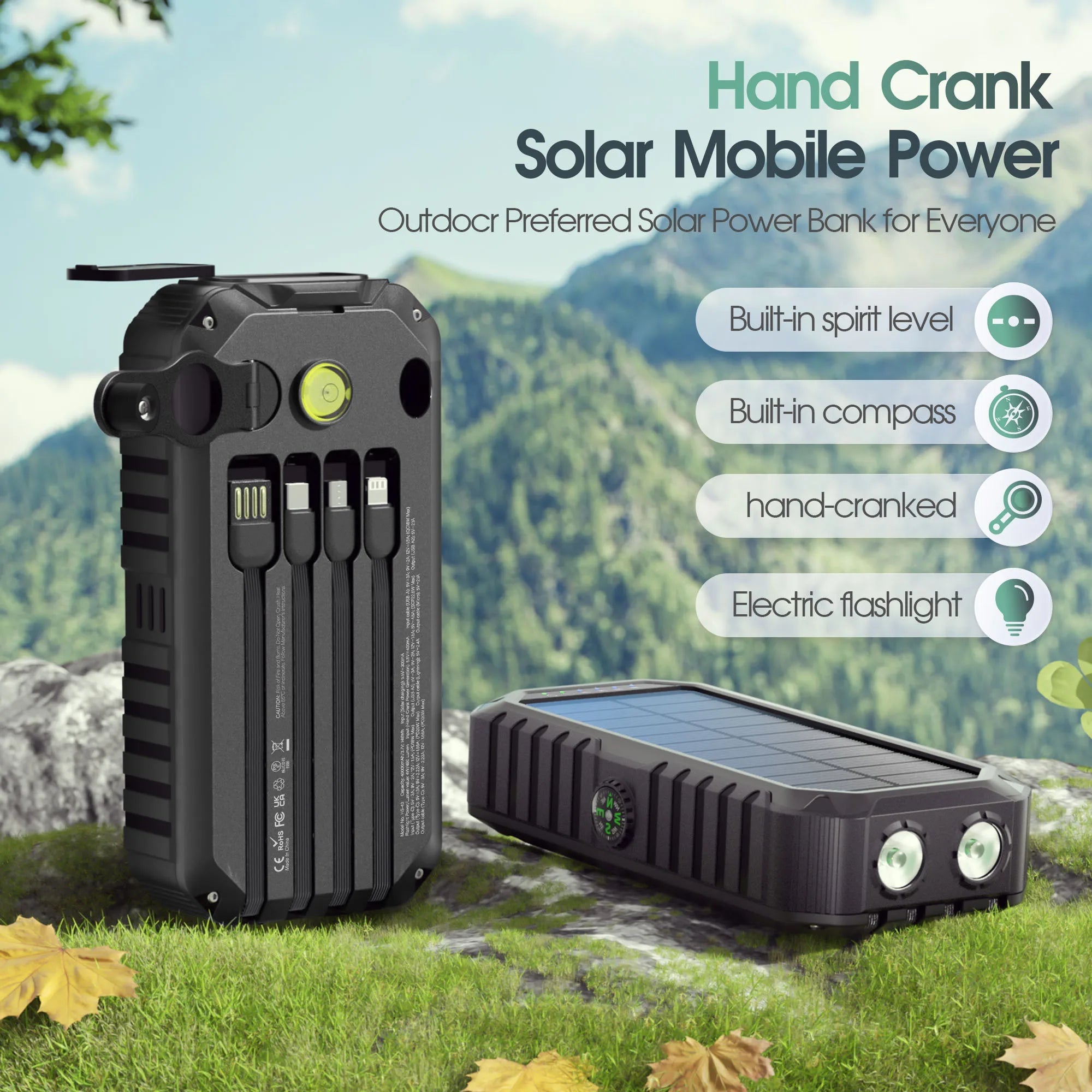 28,000mAh Solar Power Bank with Hand Crank & 4 Cables,Dual UsB/Type - C Fast Charging, Bright LED Light, - AURISTEN