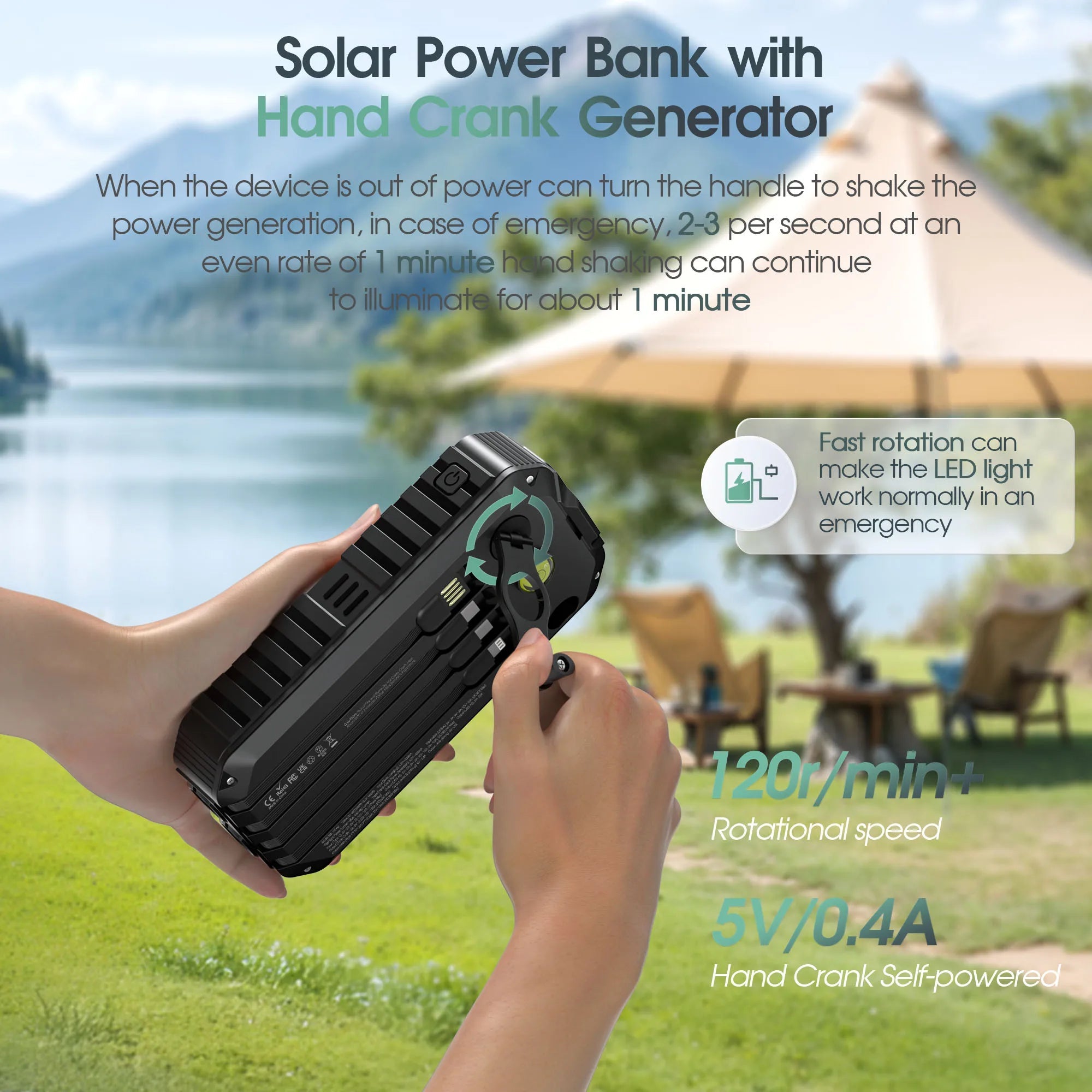 28,000mAh Solar Power Bank with Hand Crank & 4 Cables,Dual UsB/Type - C Fast Charging, Bright LED Light, - AURISTEN