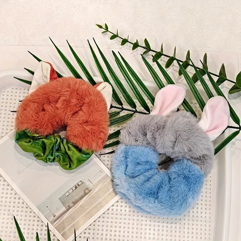 2pcs Cute Plush Fox & Rabbit Ears Hair Ties - AURISTEN