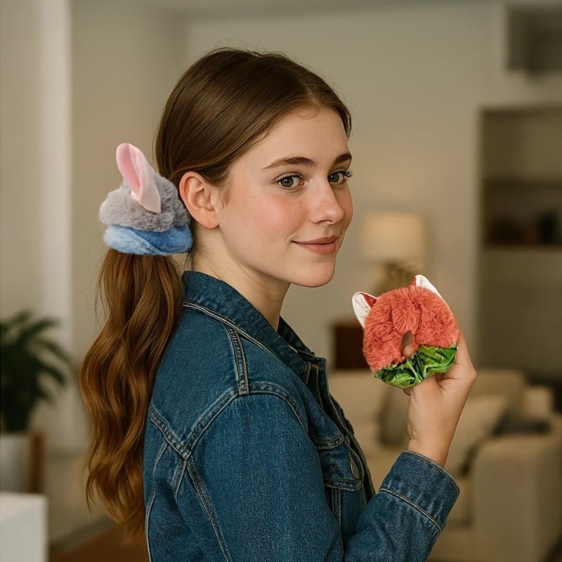 2pcs Cute Plush Fox & Rabbit Ears Hair Ties - AURISTEN