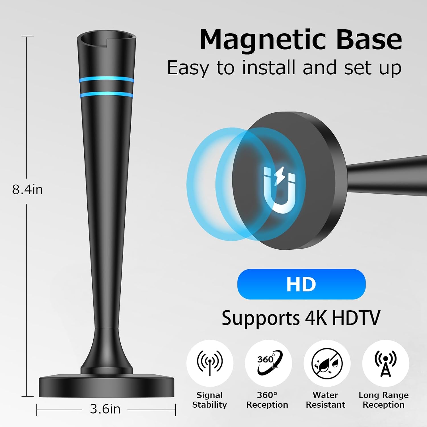 TV Antenna for Smart TV Antenna Indoor for Local Channels, Digital Antenna with Magnetic Base, Long Range Reception with Amplifier Signal Booster, 360° Strong Reception, Supports 4K 1080p HD