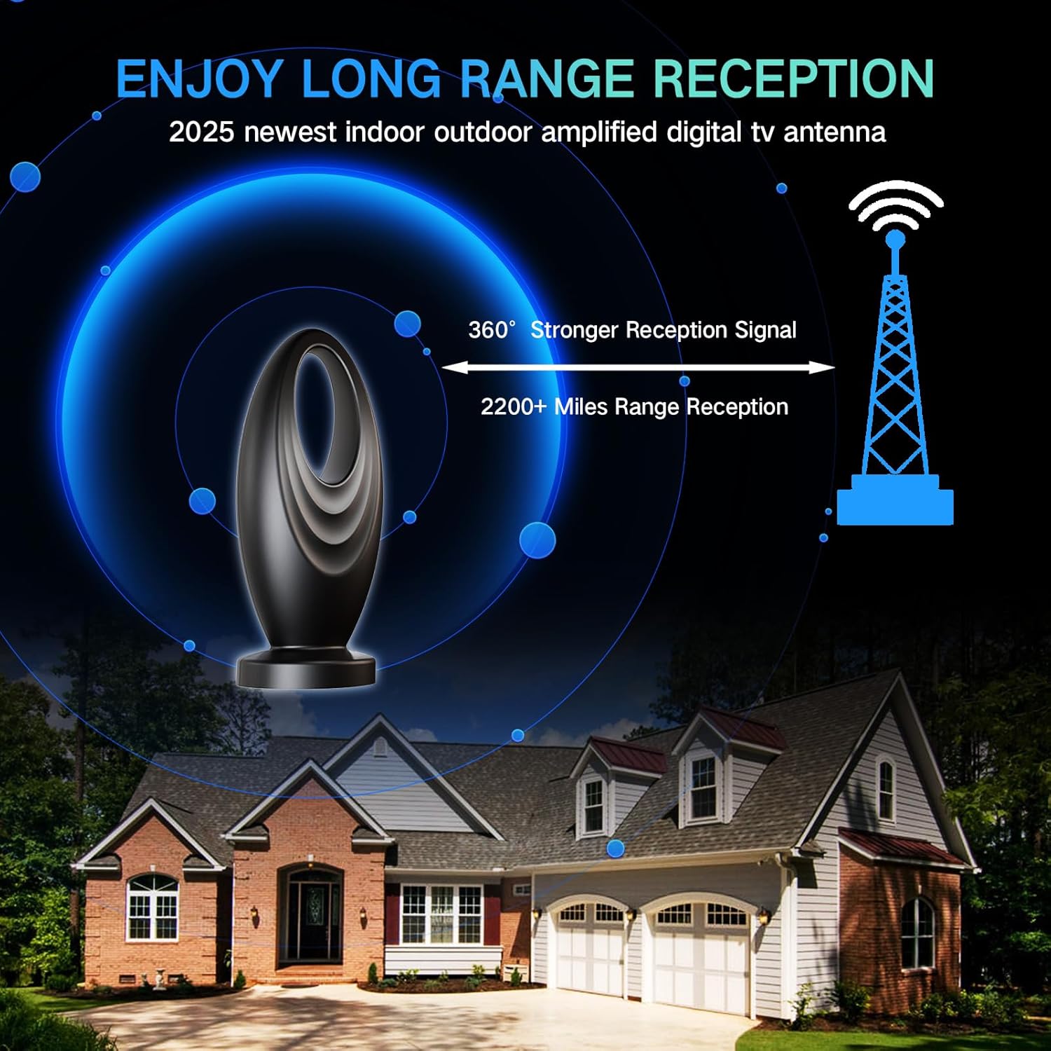 2025 TV Antenna for Smart TV and Old TV, 2200+ Miles Range HD Digital TV Antenna Indoor with 360° Signal Strongest Booster, Supports Local Channels 1080P 4K Reception for Home, RV, Camping (15.5ft)