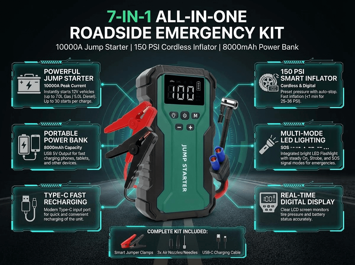 7-in-1 multi-functional emergency tool: jump starter, air pump, LED light, USB charger, and more for all roadside emergencies.
