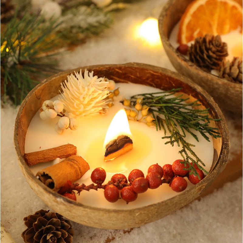 Holiday Coconut Shell Christmas Candle – Dried Orange, Pine Cones, Handmade Wax - AURISTEN