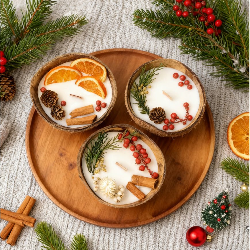 Holiday Coconut Shell Christmas Candle – Dried Orange, Pine Cones, Handmade Wax - AURISTEN