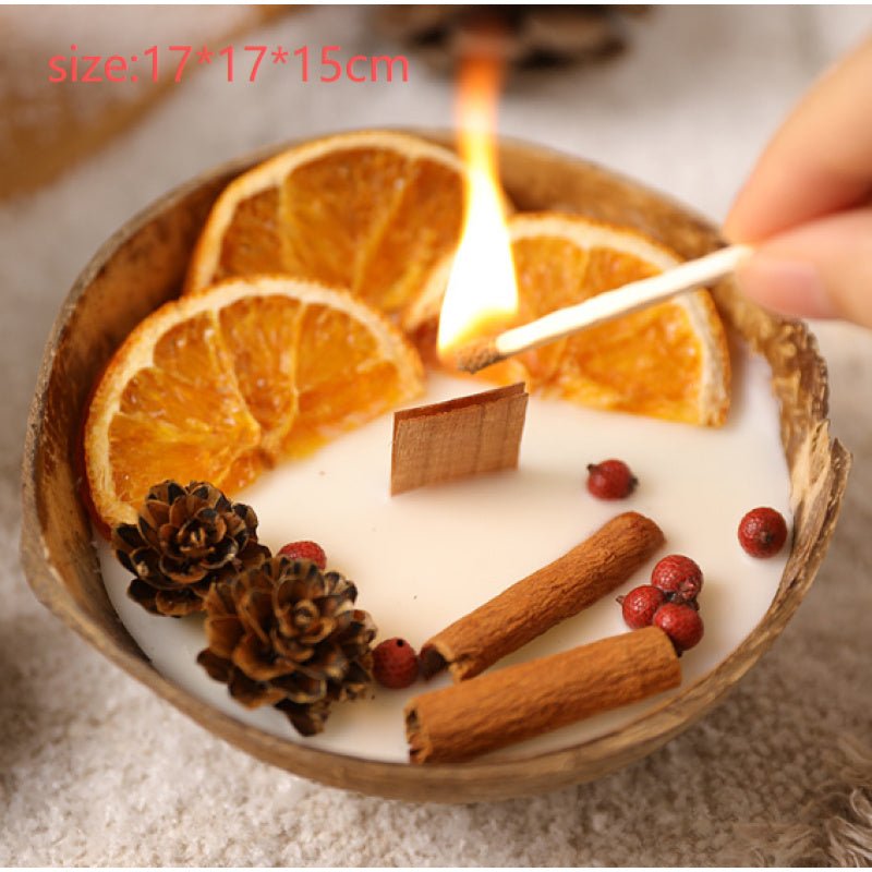 Holiday Coconut Shell Christmas Candle – Dried Orange, Pine Cones, Handmade Wax - AURISTEN