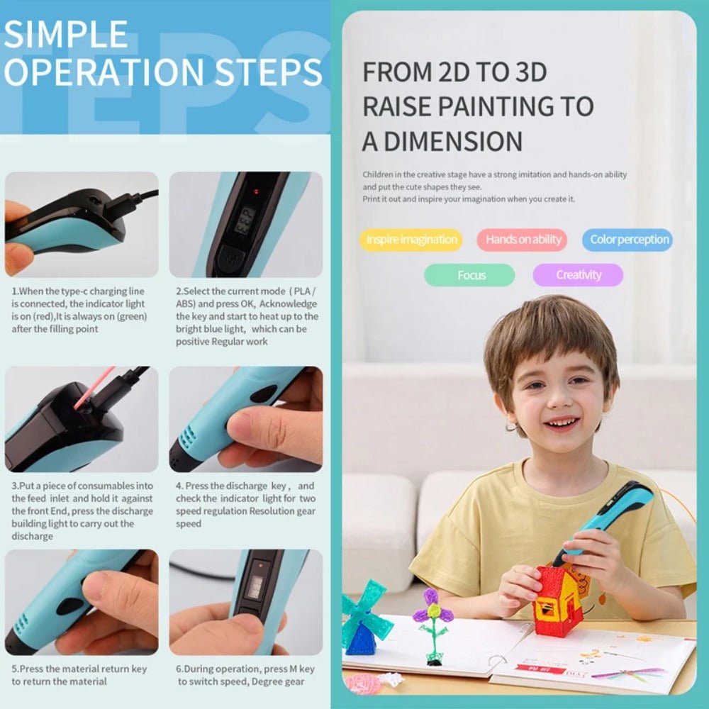 Kids 3D Printing Pen with LCD Display 0.7mm Diameter 1.75mm PLA - AURISTEN