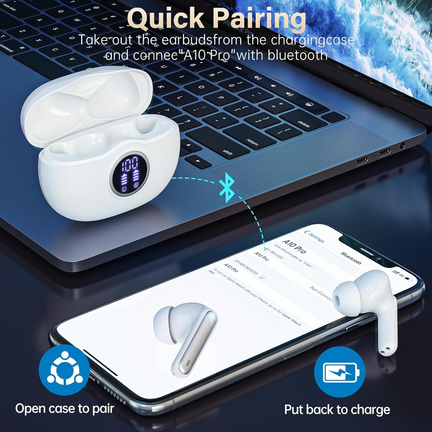 Wireless Earbuds, Bluetooth 5.3 Headphones HiFi Stereo 50H Playback LED Digital Display Ear Buds with ENC Noise Canceling Headset, IPX7 Waterproof Earphones for Gym/Running/Work - AURISTEN