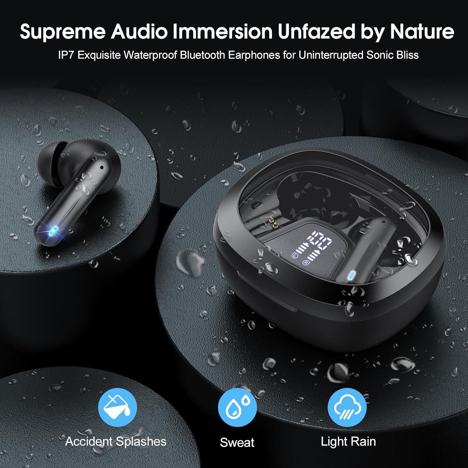 Wireless Earbuds, Bluetooth 5.4 Headphones, HiFi Stereo Bass Ear Buds, in Ear Earbuds with 4 ENC Noise Cancelling Mic, 45H, LED Display, IP7 Waterproof, Earphones for Phone Android/iOS Sports, Black - AURISTEN