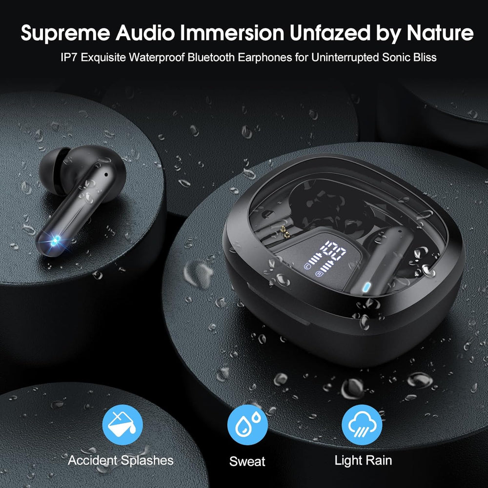 Wireless Earbuds, Bluetooth 5.4 Headphones, HiFi Stereo Bass Ear Buds, in Ear Earbuds with 4 ENC Noise Cancelling Mic, 45H, LED Display, IP7 Waterproof, Earphones for Phone Android/iOS Sports, Black - AURISTEN