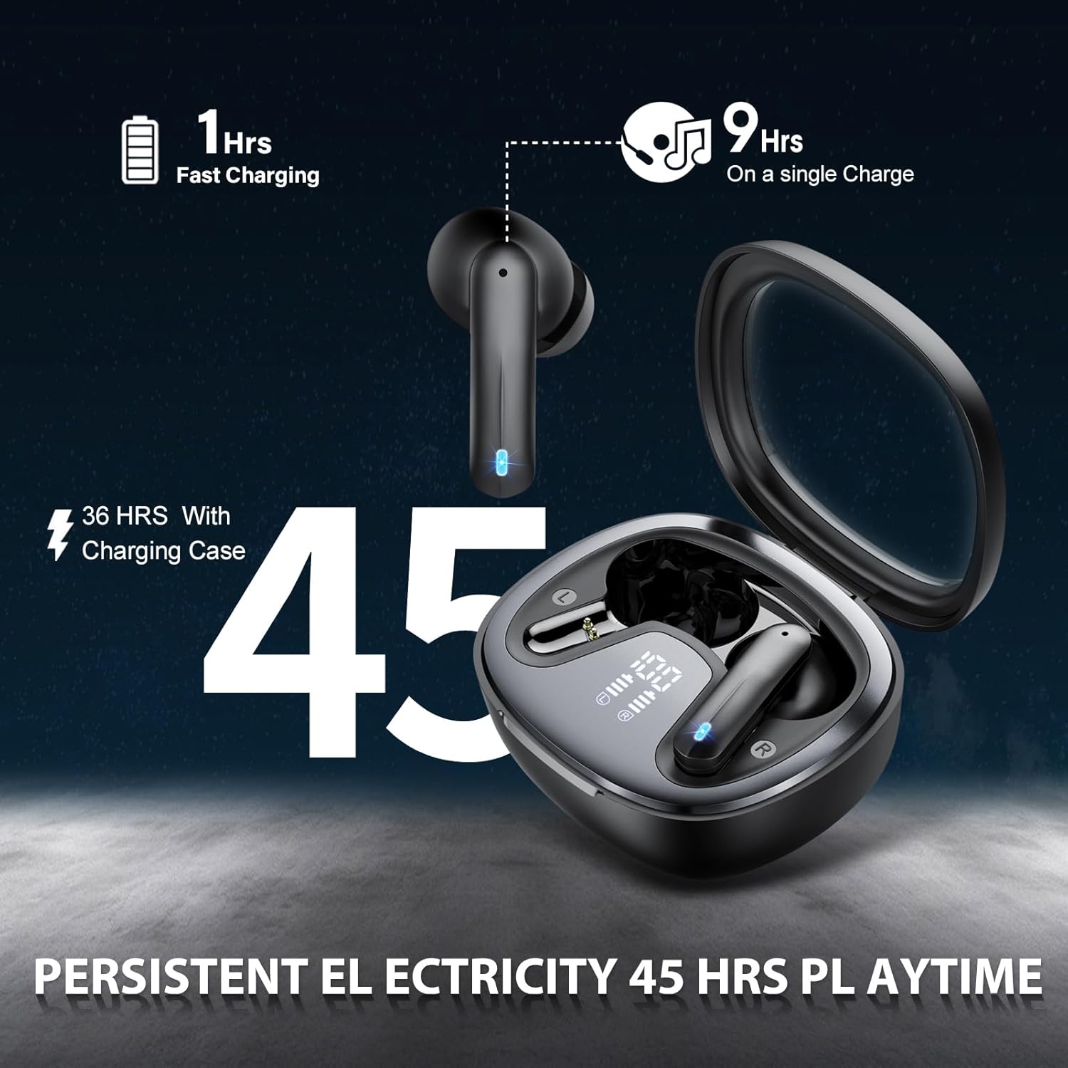Wireless Earbuds, Bluetooth 5.4 Headphones, HiFi Stereo Bass Ear Buds, in Ear Earbuds with 4 ENC Noise Cancelling Mic, 45H, LED Display, IP7 Waterproof, Earphones for Phone Android/iOS Sports, Black - AURISTEN