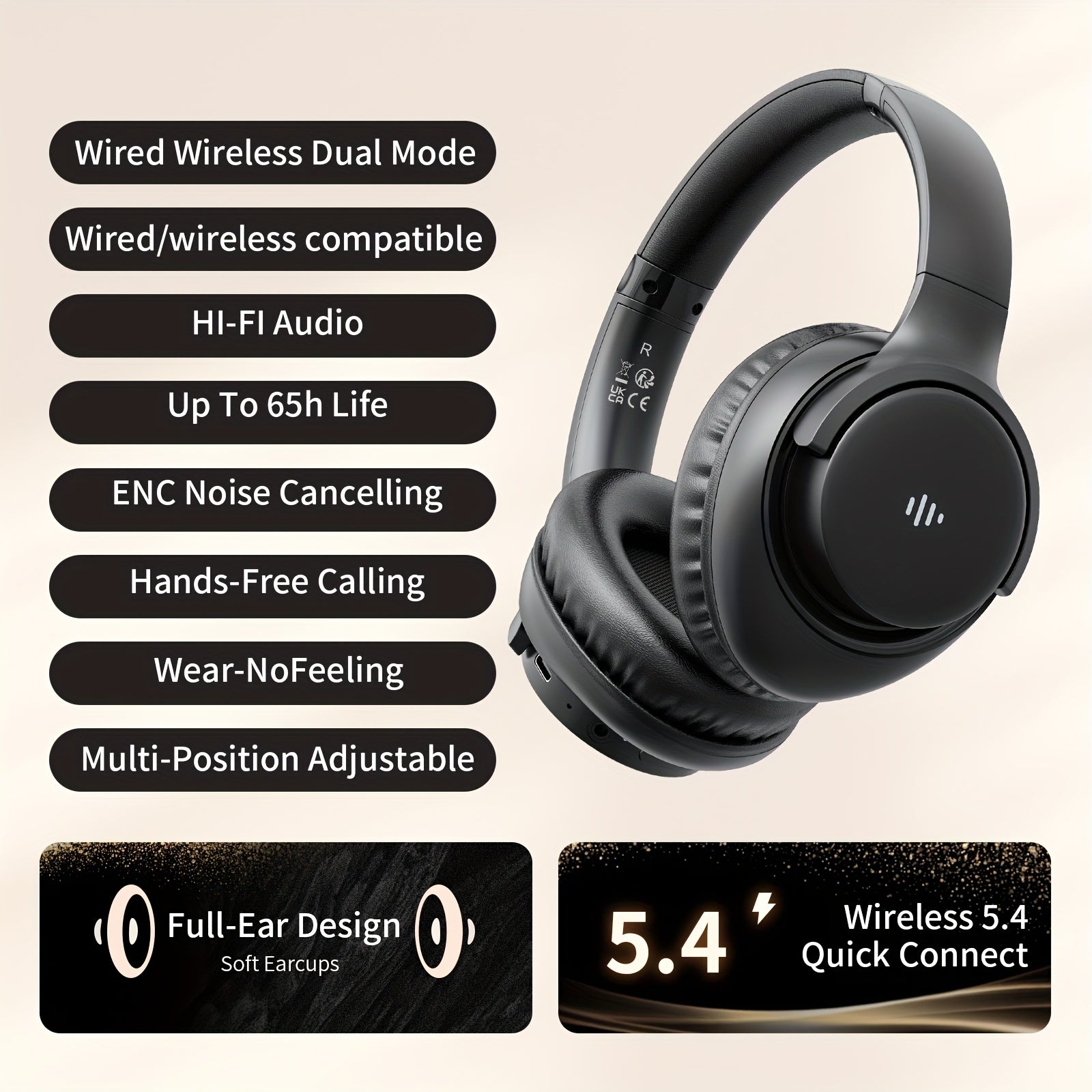 Wireless Noise Cancelling Headphones – Deep Bass, HIFI Stereo Sound, Built - in Mic, Compatible with Android/iOS - AURISTEN